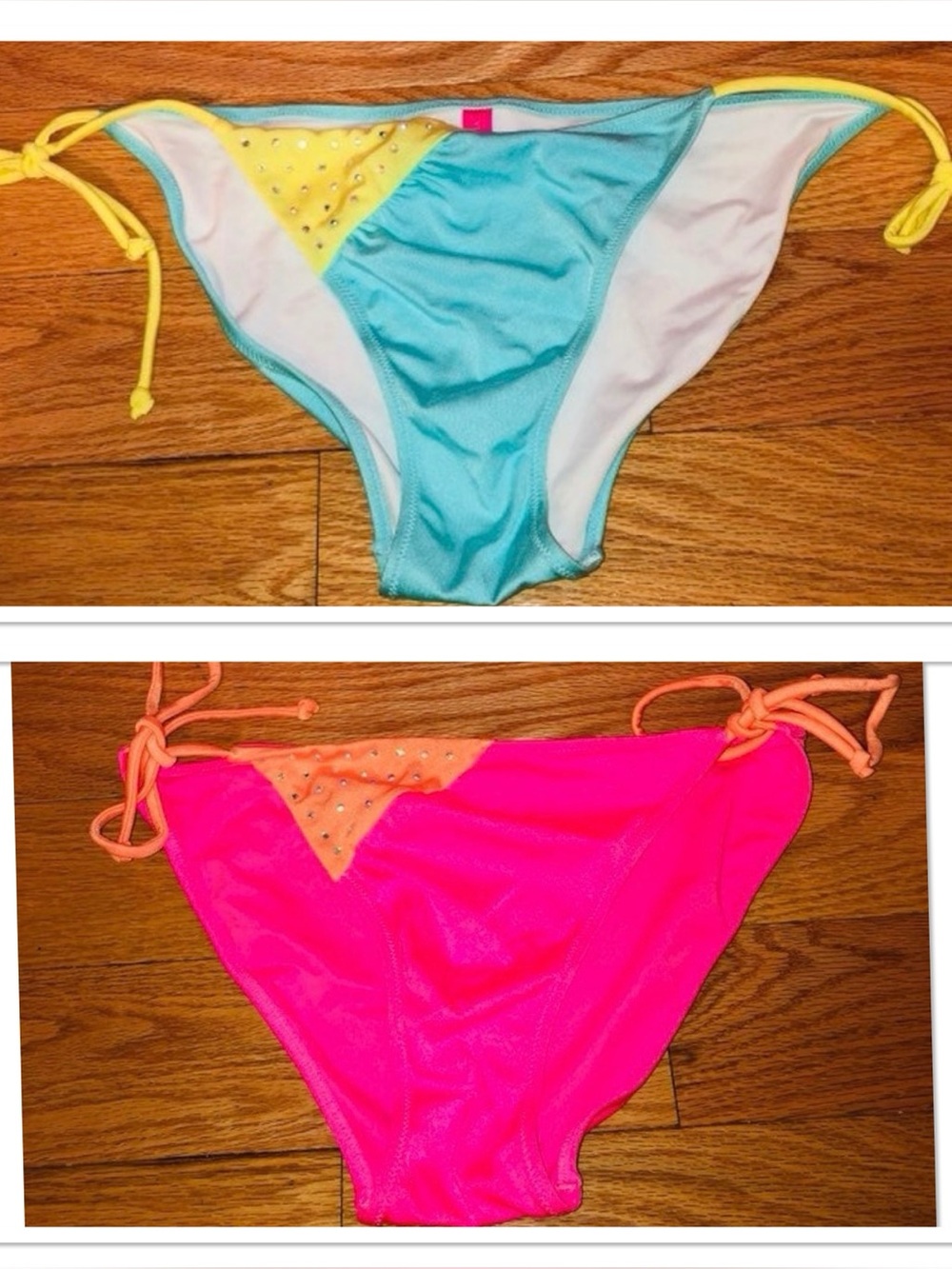 RARE Victorias Secret Rhinestone Embellished Colorblock Side Tie Bikini Bottom